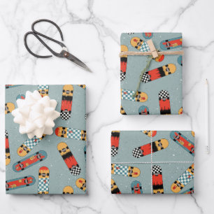 Retro Skateboard Blaues Cooles Muster Geschenkpapier Set