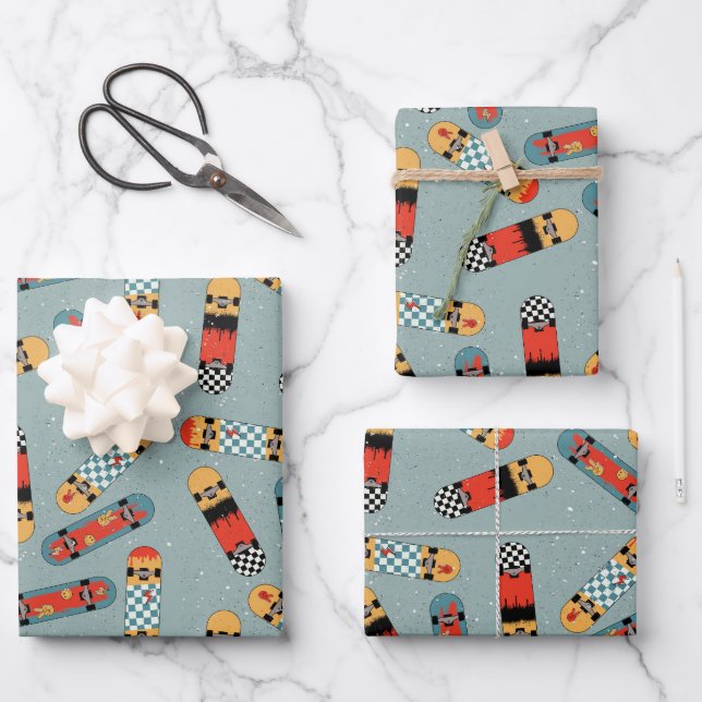 Retro Skateboard Blaues Cooles Muster Geschenkpapier Set (Vorderseite)