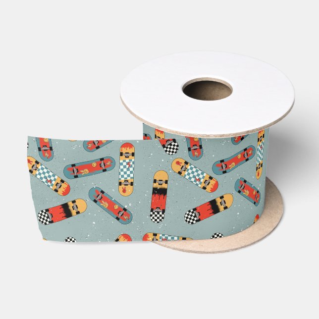 Retro Skateboard Blaues Cooles Muster Satinband (Spule)