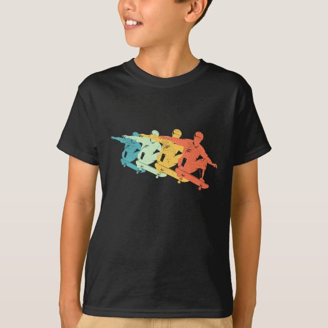Retro-Skateboard-Jump Farbige Skaten-Silhouette T-Shirt (Vorderseite)