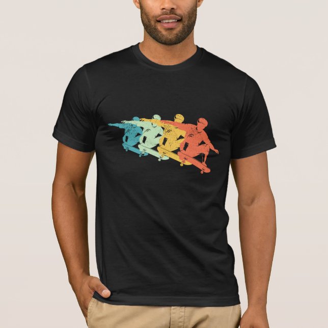Retro-Skateboard-Jump Farbige Skaten-Silhouette T-Shirt (Vorderseite)