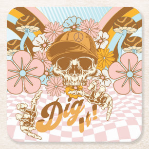 Retro Skeleton Botanical Florals Geburtstagsparty Rechteckiger Pappuntersetzer