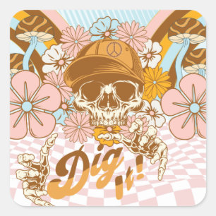Retro Skeleton Botanical Florals Quadratischer Aufkleber