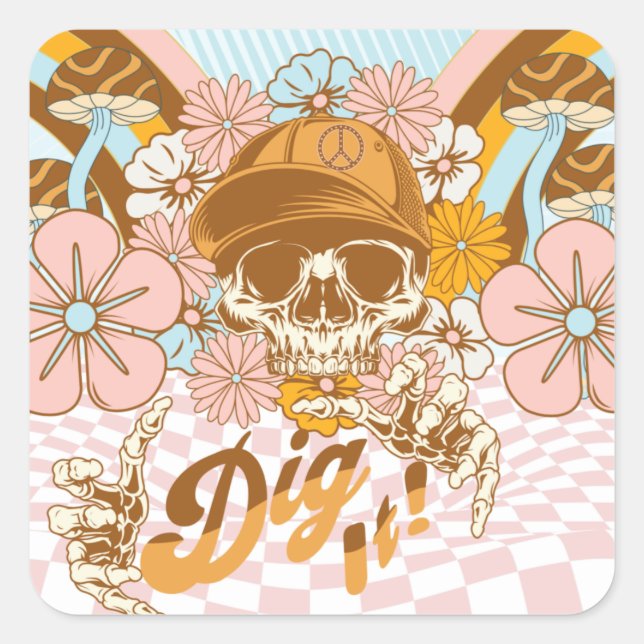 Retro Skeleton Botanical Florals Quadratischer Aufkleber (Vorderseite)