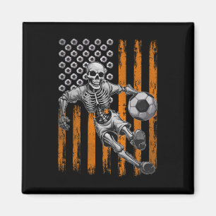 Retro Skeleton Playing Soccer USA Flag Halloween B Magnet