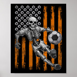 Retro Skeleton Playing Soccer USA Flag Halloween B Poster