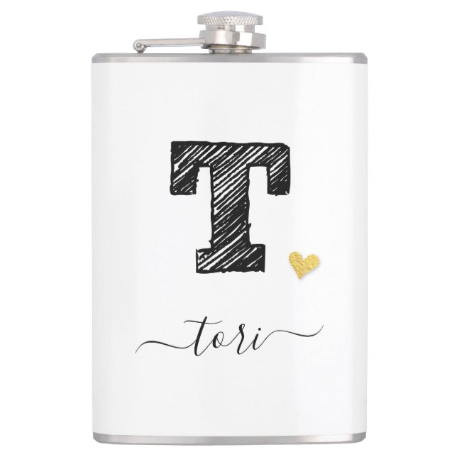 Retro Sketch Monogram Letter T, Flask Flachmann (Vorderseite)