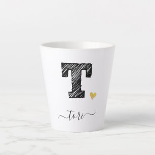 Retro Sketch Monogram Letter T, Latte Tasse