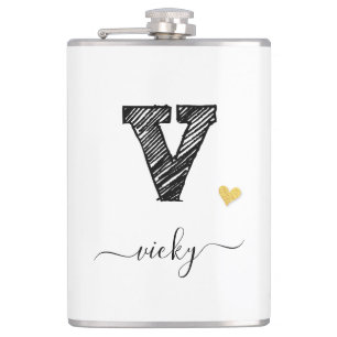 Retro Sketch Monogram Letter V, Flask Flachmann