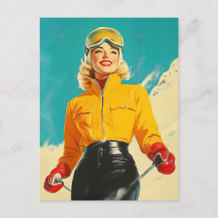 Retro Skifahren Glamour Vintag Winterabenteuer Postkarte