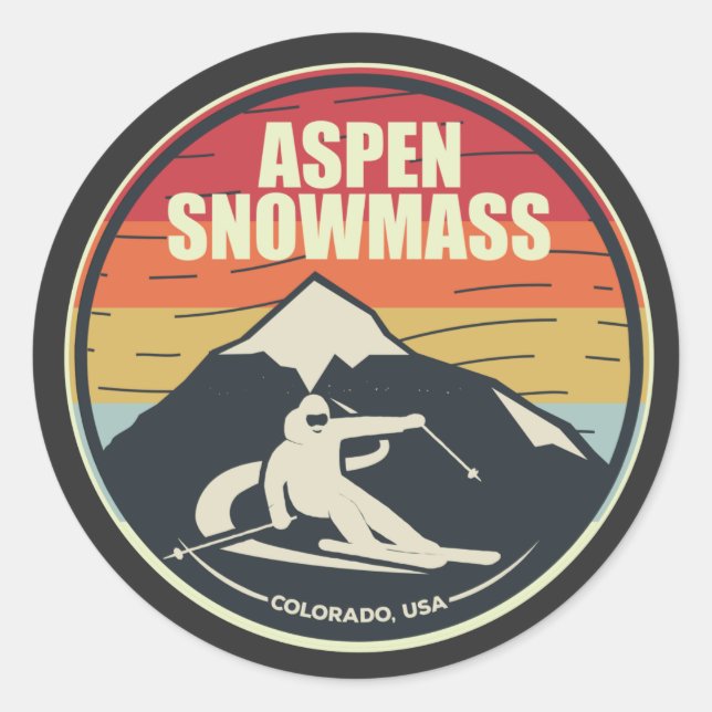 Retro Skiing Aspen Snowmassa Colorado USA Runder Aufkleber (Vorderseite)