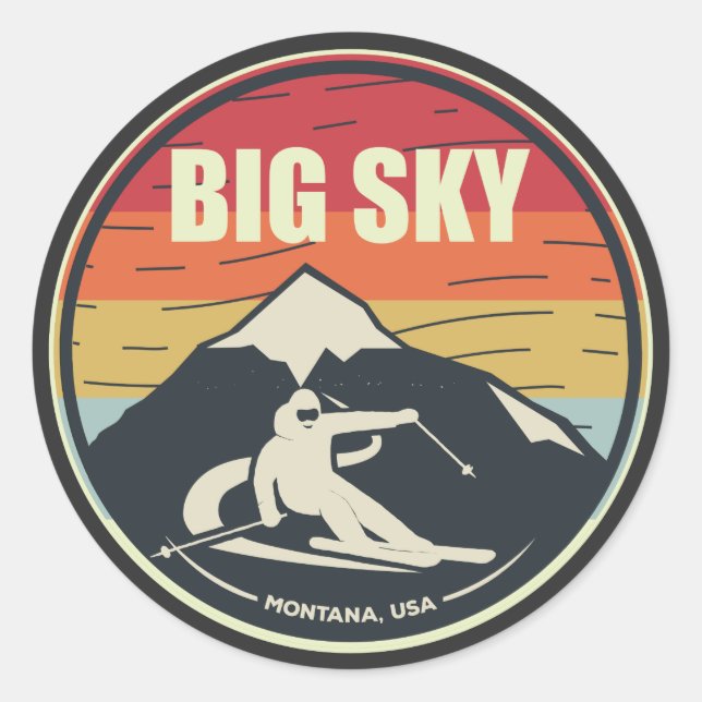 Retro Skiing Big Sky Montana USA Runder Aufkleber (Vorderseite)