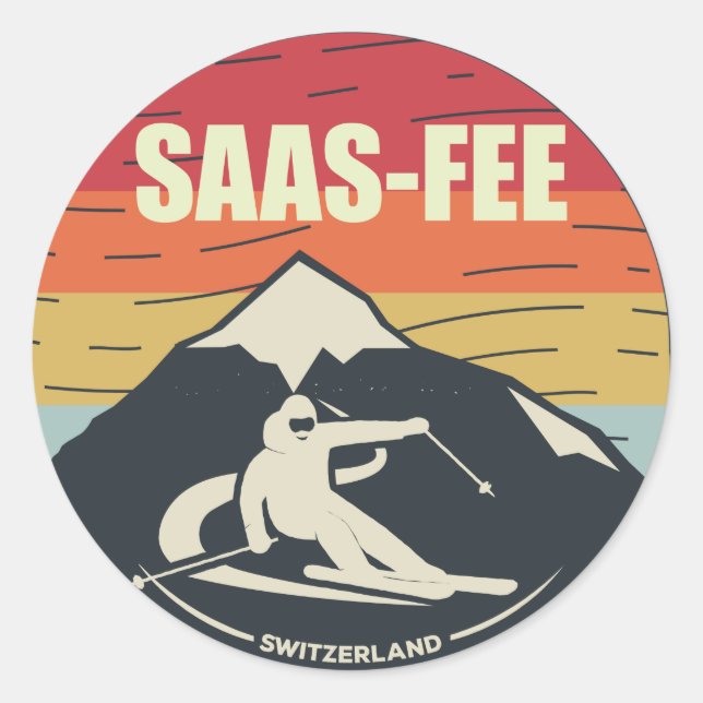 Retro Skiing Saas-Fee Schweiz Ski Runder Aufkleber (Vorderseite)