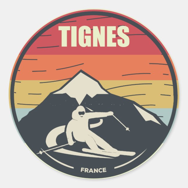 Retro Skiing Tignes Frankreich Ski Runder Aufkleber (Vorderseite)