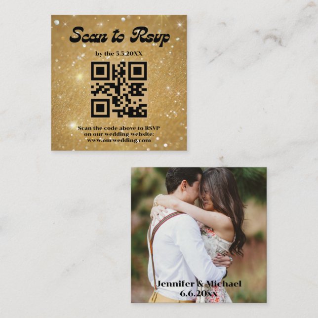 Retro-Skript Gold uAwg qr Code Hochzeit-Foto Begleitkarte (Vorne/Hinten)