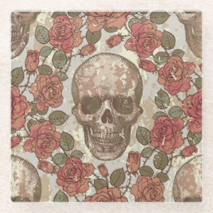 Retro Skulls und Rose Ornament Glasuntersetzer