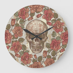 Retro Skulls und Rose Ornament Große Wanduhr