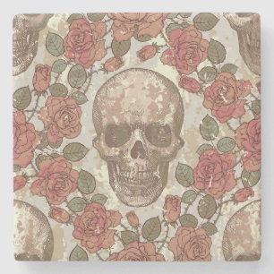 Retro Skulls und Rose Ornament Steinuntersetzer