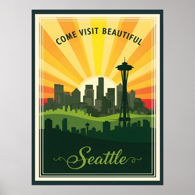 Retro-Skyline von Seattle mit Space Needle bei Son Poster (Vorne)