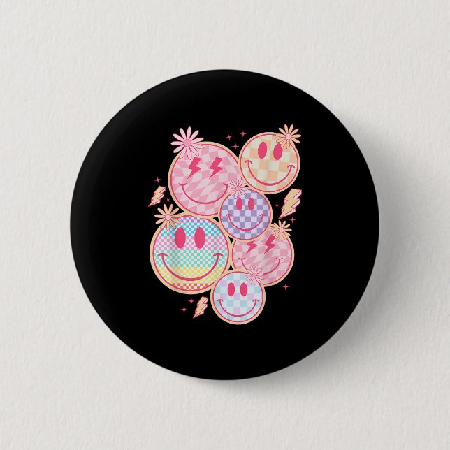 Retro Smile Face Blume Happy Face Checkered Patte Button (Vorderseite)