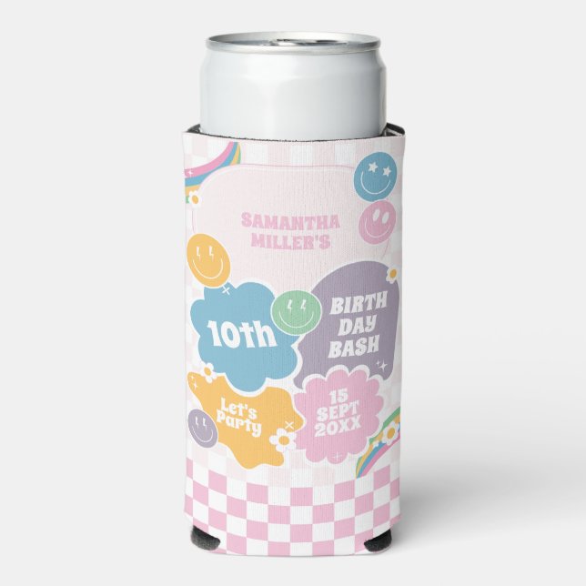 Retro Smiles Pastel Groovy Birthday Selters Dosenkühler (Seltzer Vorderseite)