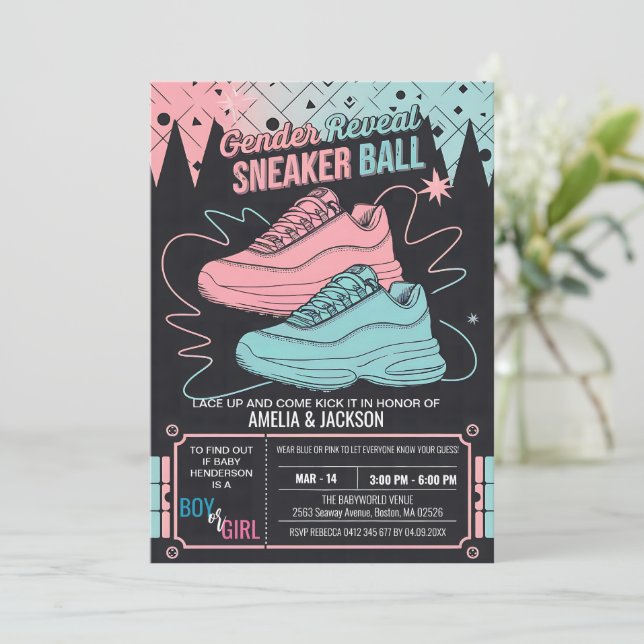 Retro Sneaker Ball Einladung 90er Gender Reveal (Stehend Vorderseite)