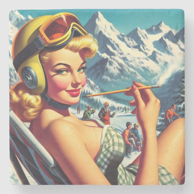 Retro Snowboard Girl Steinuntersetzer (Vorderseite)