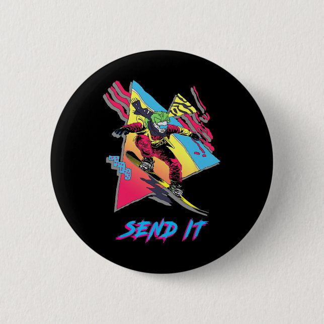 Retro Snowboarding Adventure Graphic Send It Button (Vorderseite)