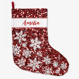 Retro Snowflakes Rotes Weihnachten Personalisiert Großer Weihnachtsstrumpf