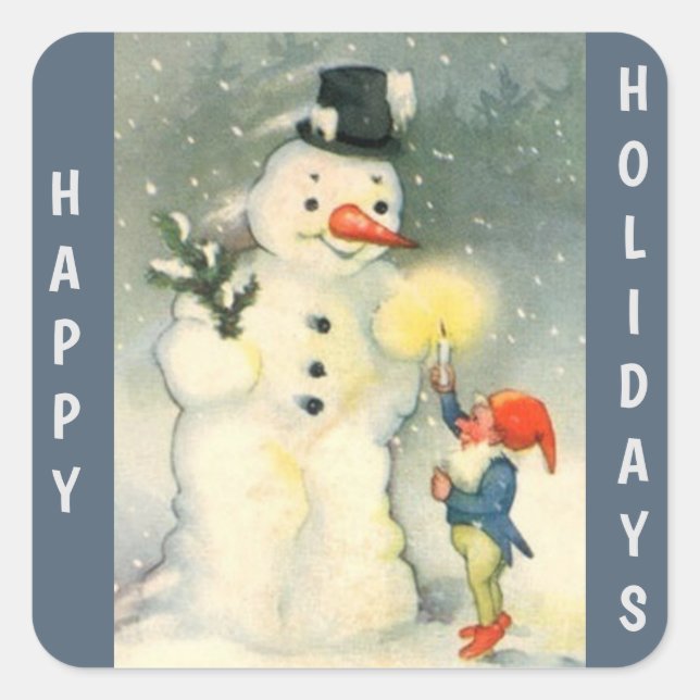 Retro Snowman and Elf Christmas Quadratischer Aufkleber (Vorderseite)