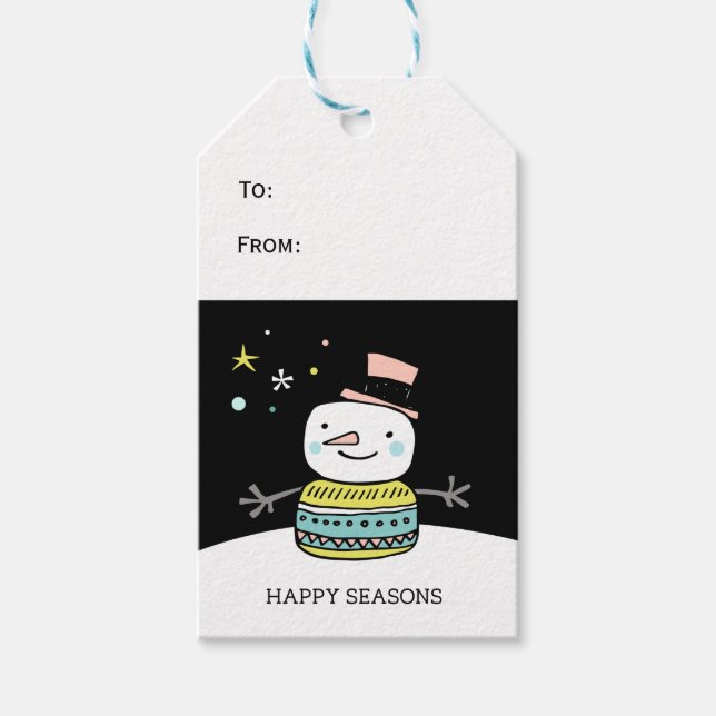 Retro Snowman Happy Seasons Weihnachten Geschenkanhänger (Vorderseite)