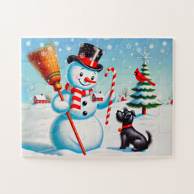 Retro Snowman, Niedlicher Hund, roter Kardinal und (Horizontal)