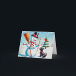 Retro Snowman, Niedlicher Hund, roter Kardinal und Feiertagskarte<br><div class="desc">Dies ist eine Winterurlaubslandschaft mit einem lächelnden Schneemann, einem niedlichen Terrier Hund und einem merkwürdigen roten Kardinal, umgeben von Tannen in einer Winterlandschaft. Die Dekoration ist wunderschön, das Party ist zu Weihnachten oder Erntedank. Personalisieren Sie dieses Design mit einem Monogramm, einem Namen oder einem Foto. © Copyright 2024 P.D., Holiday...</div>