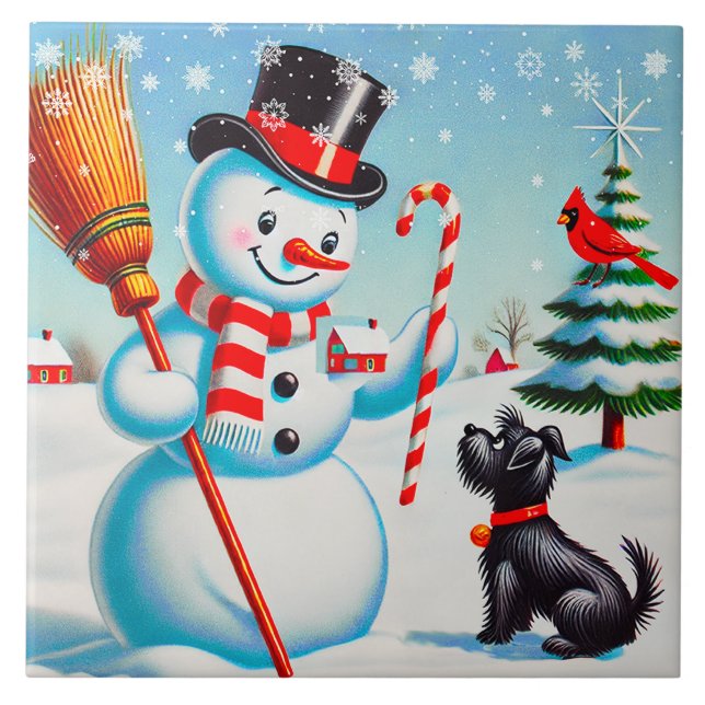 Retro Snowman, Niedlicher Hund, roter Kardinal und Fliese (Vorderseite)