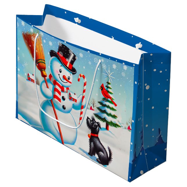 Retro Snowman, Niedlicher Hund, roter Kardinal und Große Geschenktüte (Vorderseite Schrägansicht)