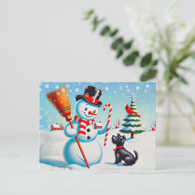 Retro Snowman, Niedlicher Hund, roter Kardinal und Postkarte (Stehend Vorderseite)