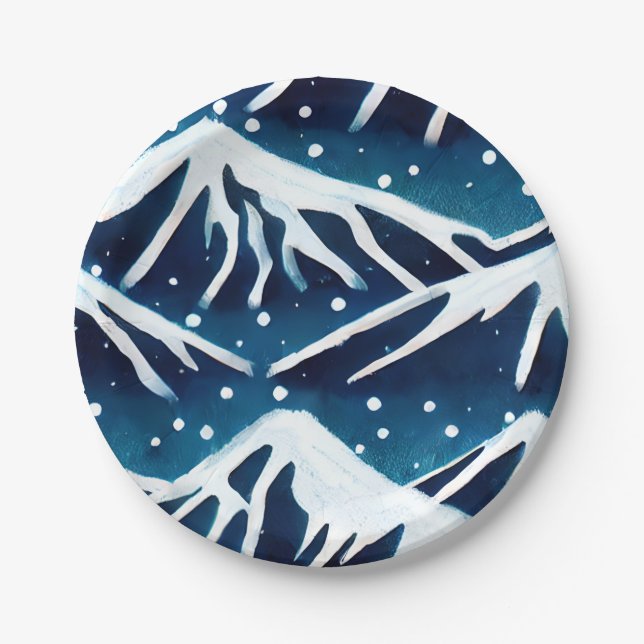 Retro Snowy Blue Mountains Pappteller (Vorderseite)