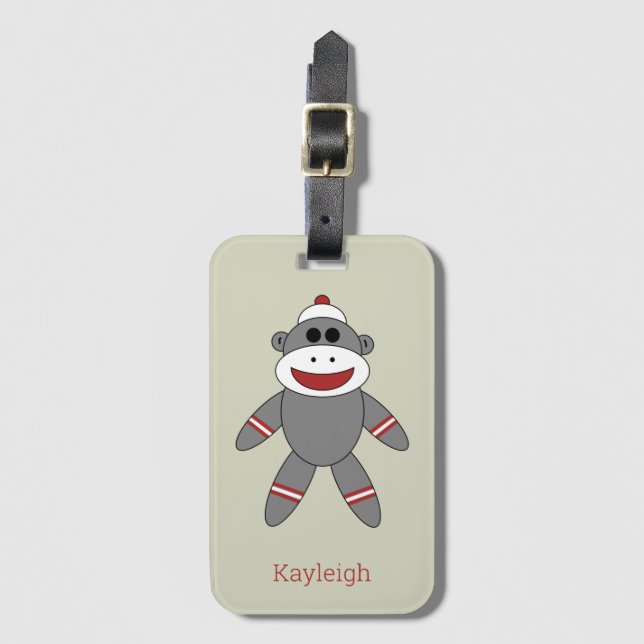 Retro Sock Monkey auf Tan mit Name Gepäckanhänger (Vorderseite Vertikal)