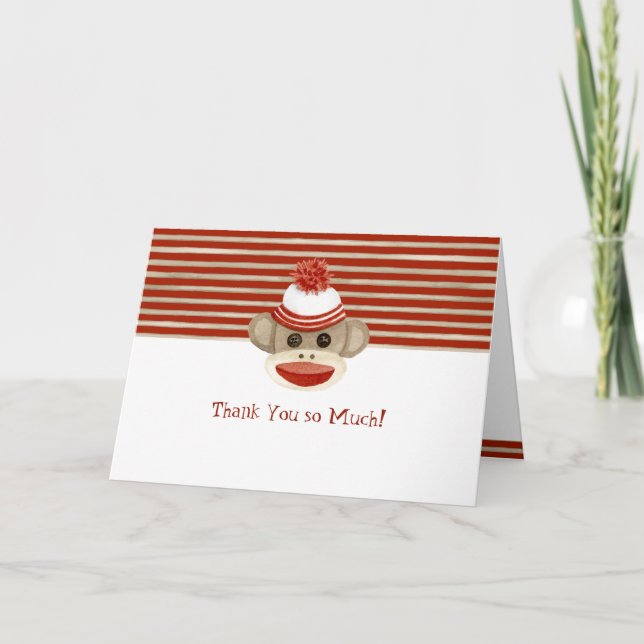 Retro Sock Monkey w Strumpf Cap Baby Geschenke Dankeskarte (Vorderseite)