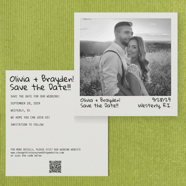 Retro Sofortbildkamera B&W Foto QR Code Save The Date (Square retro instant camera style wedding save the date with your photo in black and white)