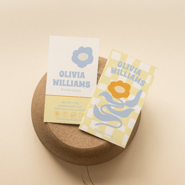 Retro Soft Boho Groovy Checkered Floral Unique 70s Visitenkarte (Von Creator hochgeladen)