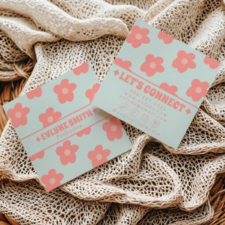 Retro Soft Pink Blau Boho Groovy Floral Weiblich L Quadratische Visitenkarte