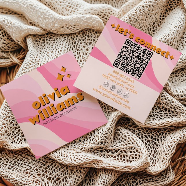 Retro Soft Pink Orange QR Code Groovy Girly Trendy Quadratische Visitenkarte (Von Creator hochgeladen)