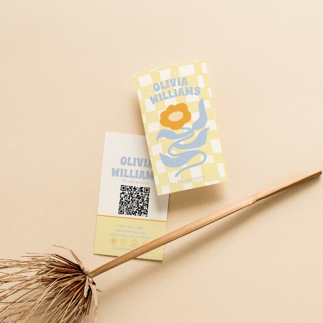 Retro Soft QR Code Boho Groovy Checkered Floral Visitenkarte (Von Creator hochgeladen)