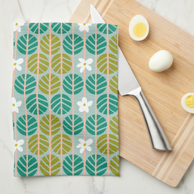 Retro Sommer grün & rosa blumengestreift Geschirrtuch (Viertel Falte)