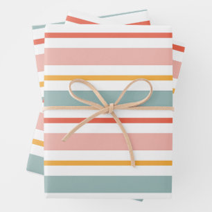 Retro-Sommer-Pastell-Gestreift-Rosa-Minz und Senf Geschenkpapier Set