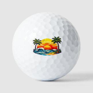 Retro-Sommer-Sonnenuntergang-Palmenstrand-Wellen R Golfball