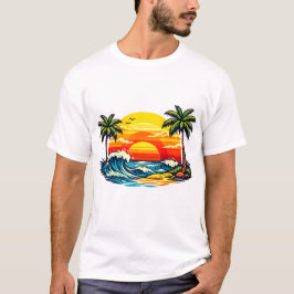 Retro-Sommer-Sonnenuntergang-Palmenstrand-Wellen R T-Shirt