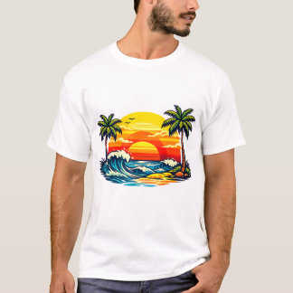 Retro-Sommer-Sonnenuntergang-Palmenstrand-Wellen R T-Shirt