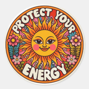Retro-Sonne & Blumen Schütze deine Energie Aufkleb Runder Aufkleber